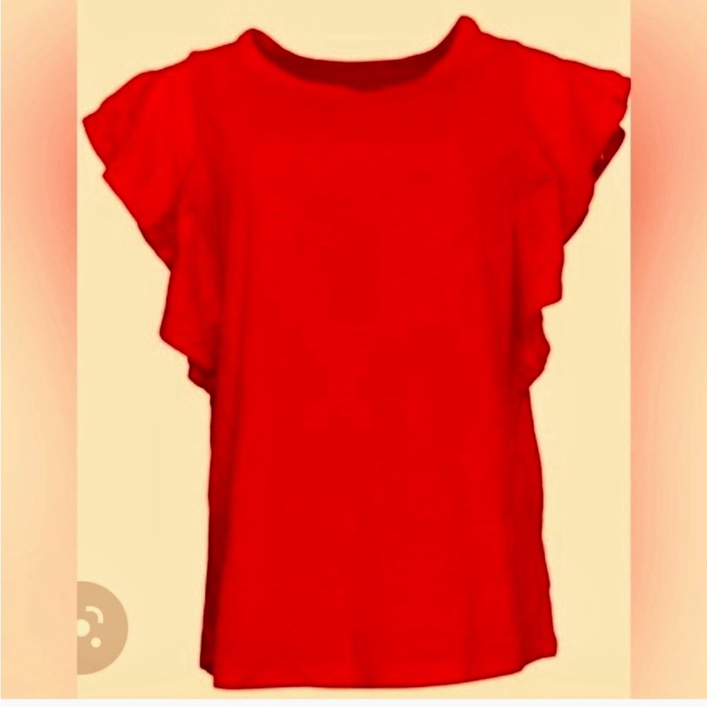 Red Ruffle Sleeve Blouse with Crew Neck
